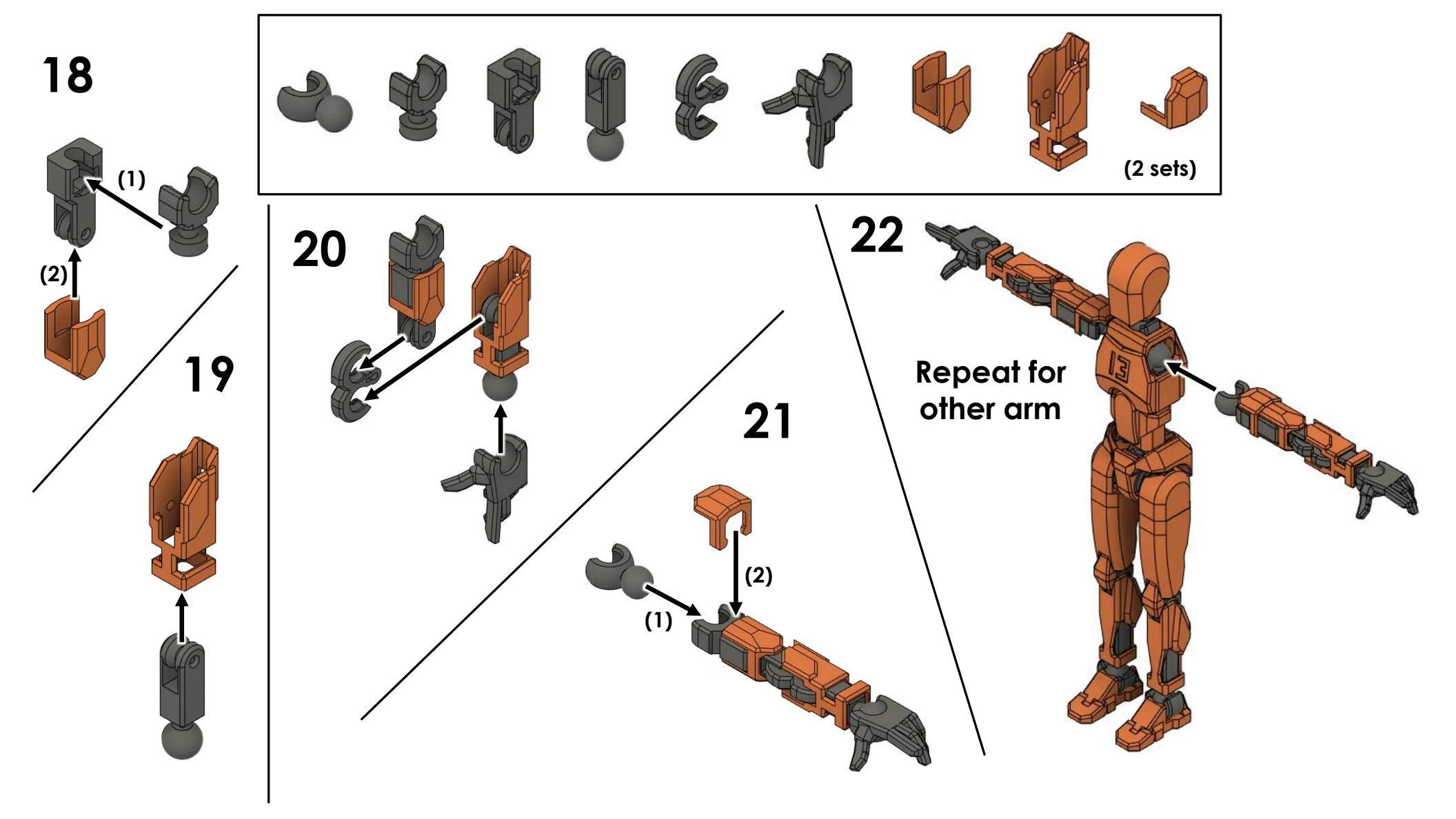 Dummy 13 illustrated arm assembly steps 17 through 22
