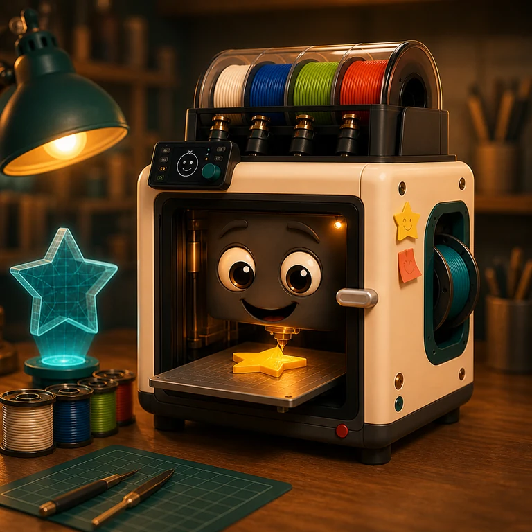 Happy Printer turning a bright first idea into a small star test print